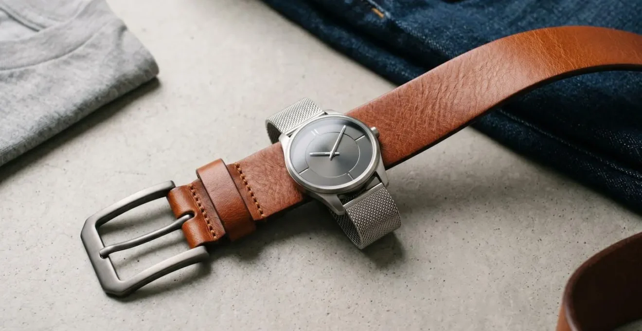 Vue détaillée d'une ceinture en cuir et d'une montre élégante créant des points d'ancrage visuels