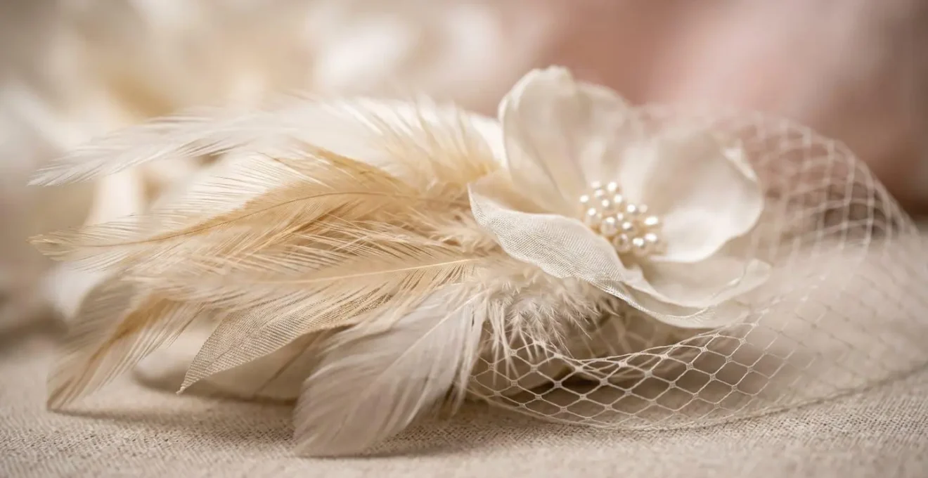 Élégant bibi ou fascinator délicat avec plumes et voilette pour mariage cocktail