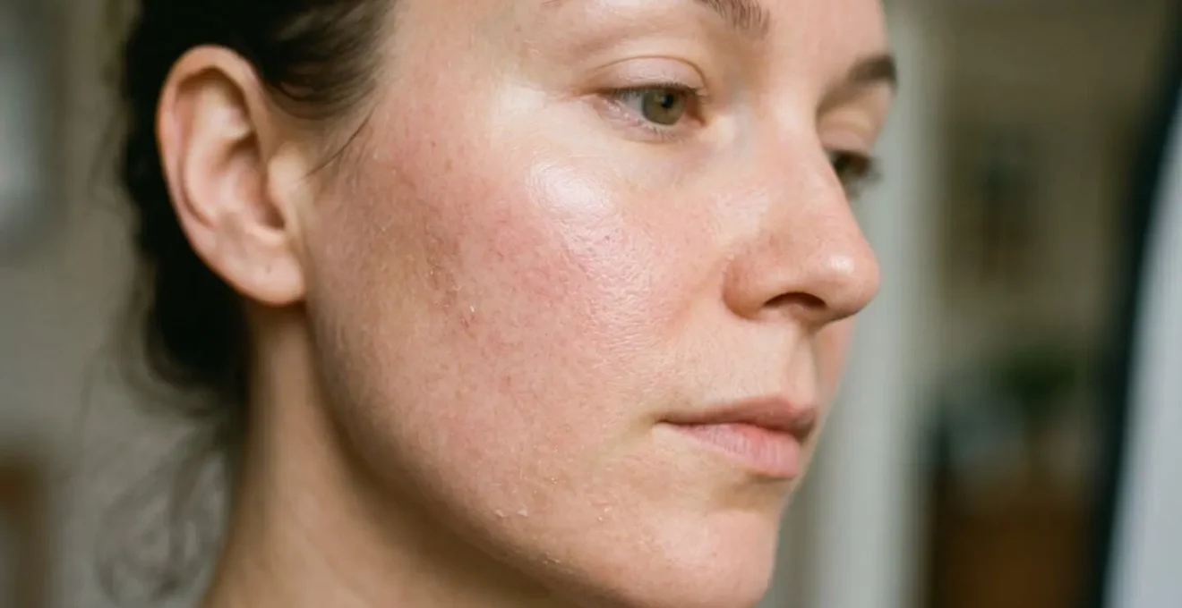 Texture de peau en gros plan montrant les signes de déshydratation et rougeurs