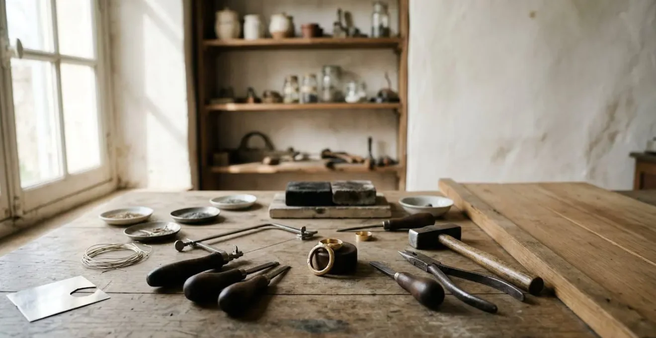 Atelier de bijouterie artisanale française avec outils traditionnels et créations en cours