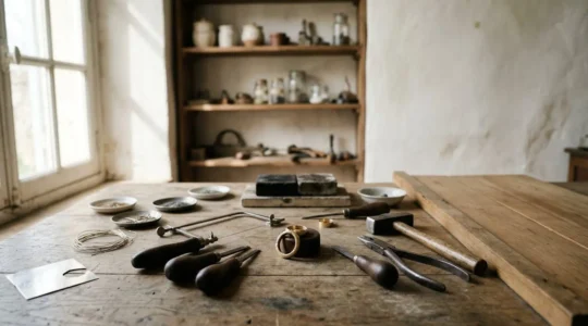 Atelier de bijouterie artisanale française avec outils traditionnels et créations en cours