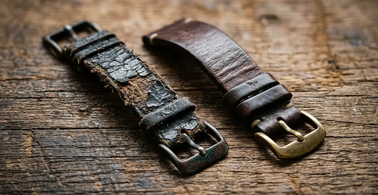 Gros plan sur deux bracelets de montre en cuir côte à côte, l'un craquelé et détérioré, l'autre souple et patiné