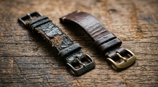 Gros plan sur deux bracelets de montre en cuir côte à côte, l'un craquelé et détérioré, l'autre souple et patiné
