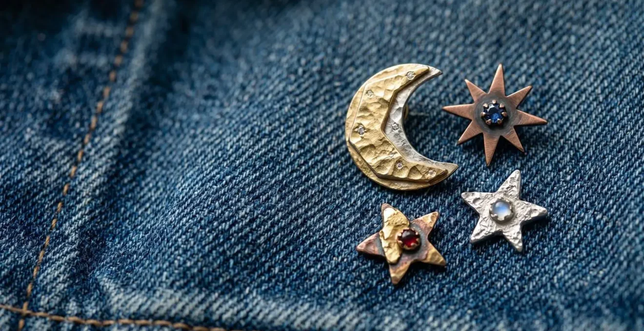 Détail macro d'une constellation de petites broches stylisées disposées sur le denim brut d'une veste.