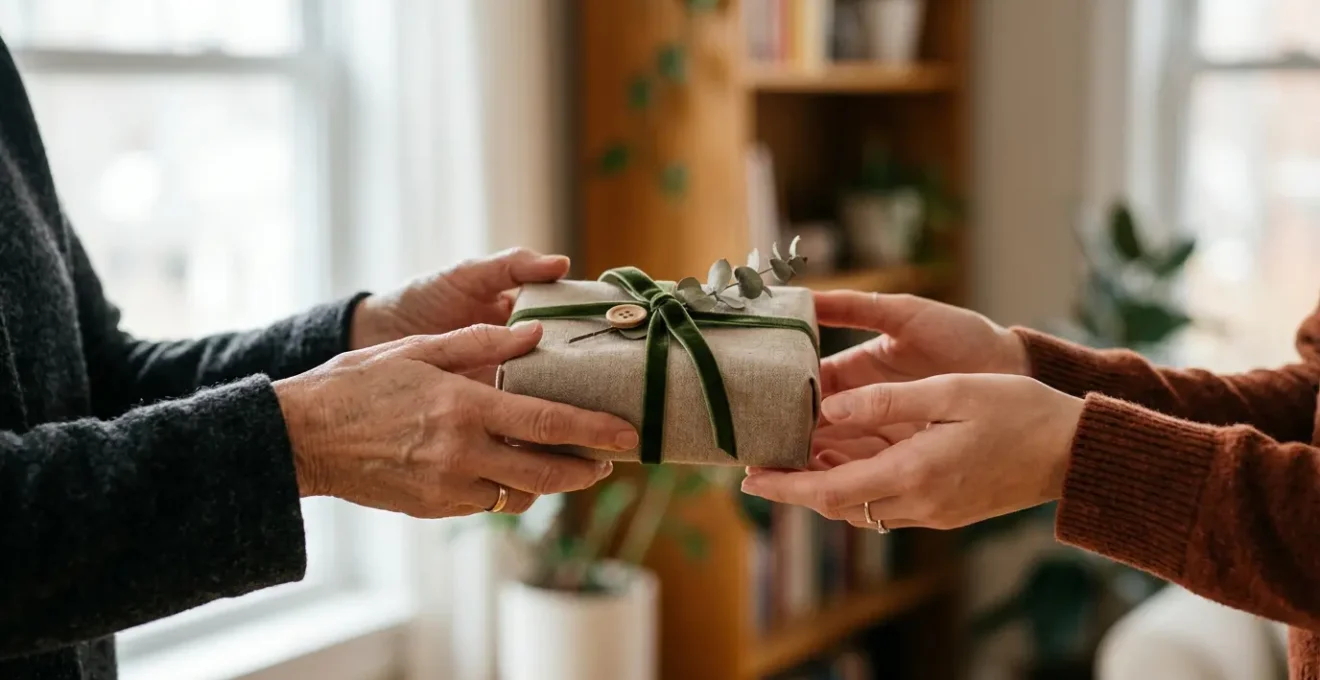 Deux mains offrant un petit cadeau emballé avec soin, capturant l'essence d'un geste significatif pour quelqu'un qui n'a besoin de rien