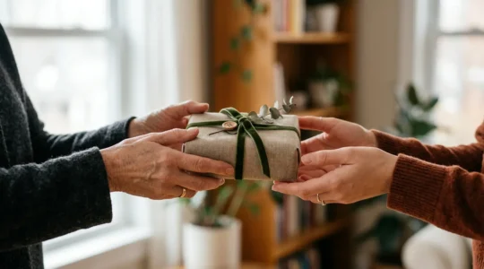 Deux mains offrant un petit cadeau emballé avec soin, capturant l'essence d'un geste significatif pour quelqu'un qui n'a besoin de rien