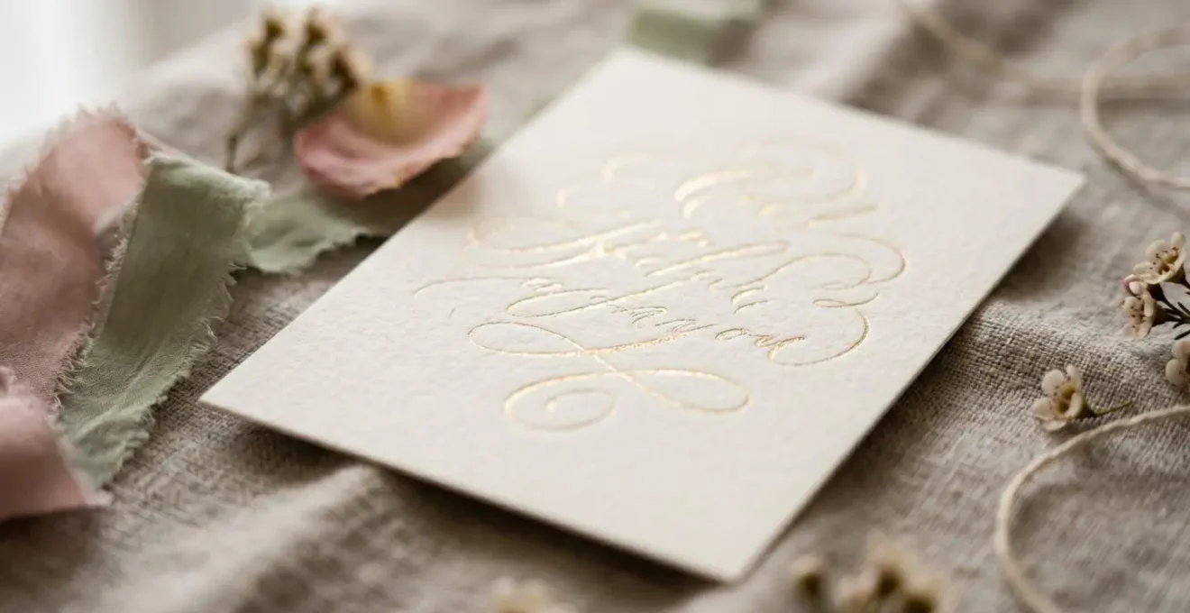 Gros plan sur une carte de remerciement de mariage élégante et personnalisée, posée sur un tissu texturé.