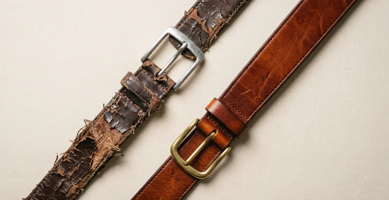 Comparaison entre une ceinture en croûte de cuir cassée et une ceinture en cuir pleine fleur durable