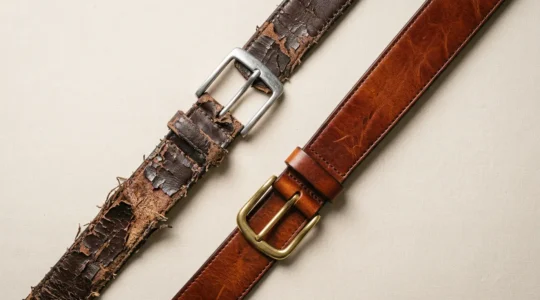 Comparaison entre une ceinture en croûte de cuir cassée et une ceinture en cuir pleine fleur durable