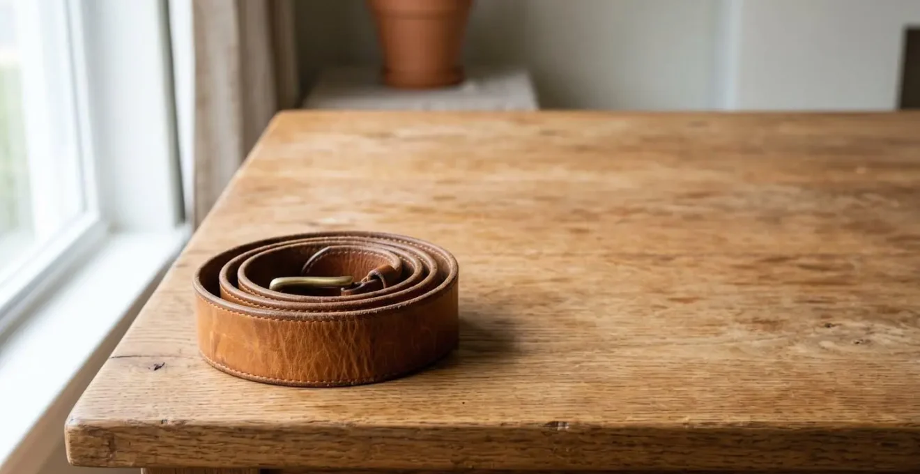 Ceinture en cuir pleine fleur roulée avec soin montrant une belle patine uniforme