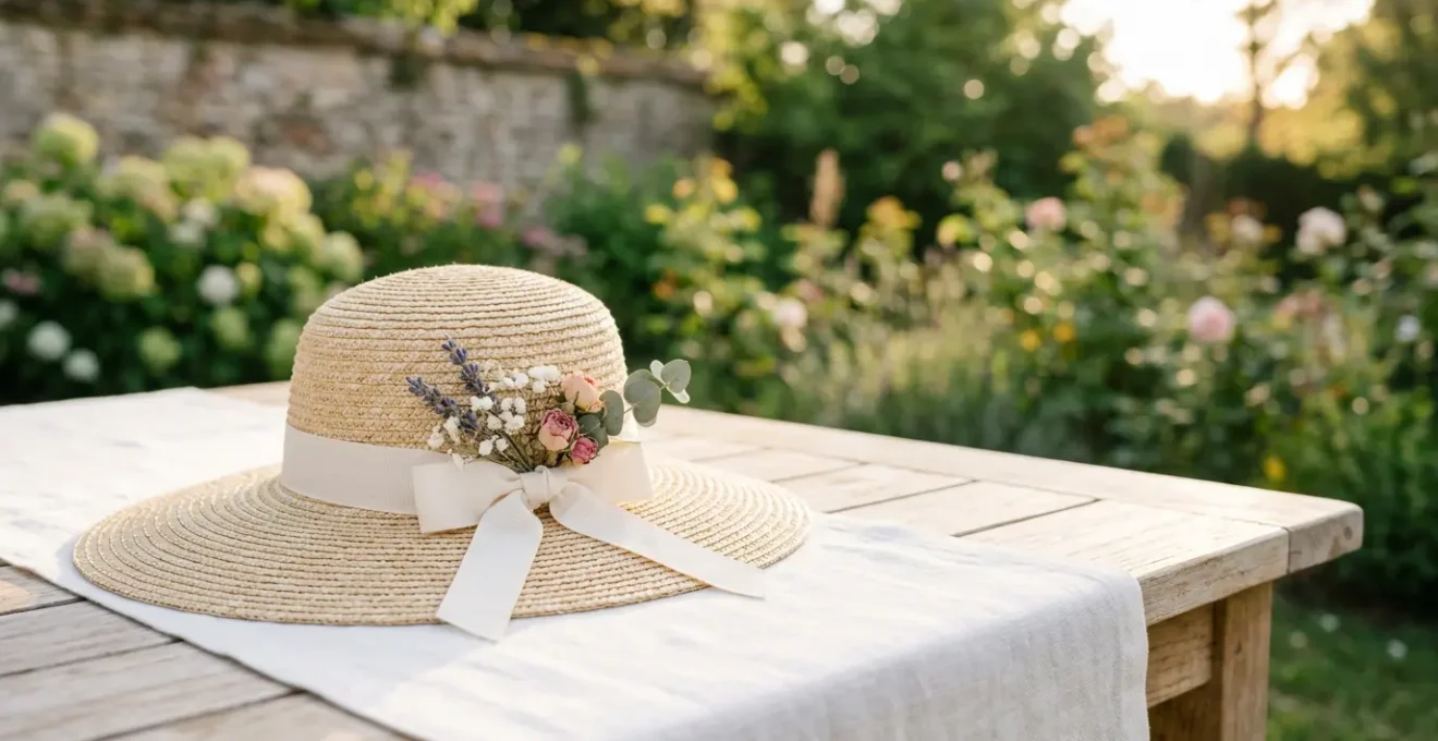 Élégante capeline de paille pour mariage d'été posée délicatement avec fleurs séchées et ruban