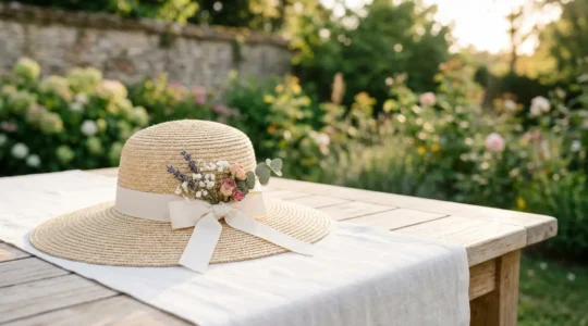 Élégante capeline de paille pour mariage d'été posée délicatement avec fleurs séchées et ruban