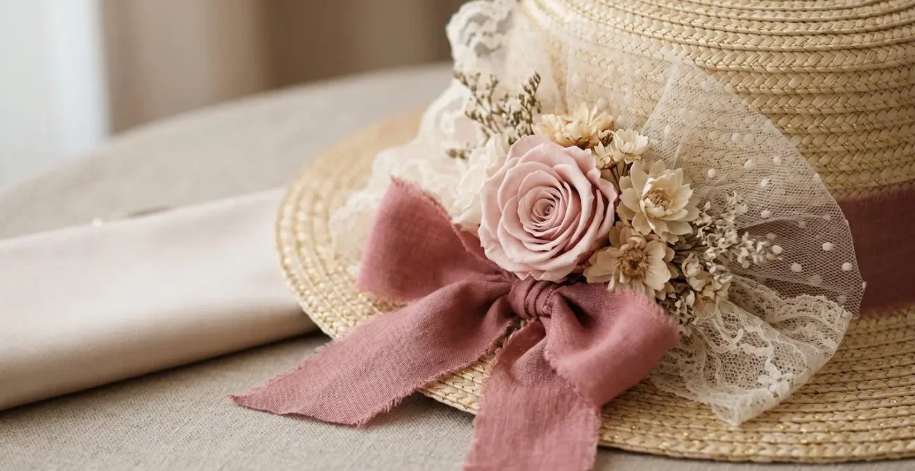 Élégant chapeau de cérémonie féminin photographié en gros plan avec détails raffinés