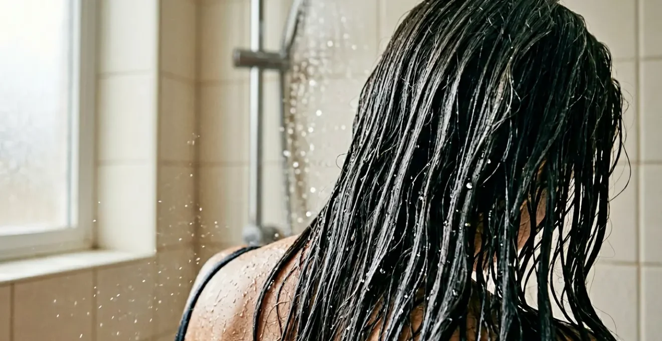 Cheveux fragilisés par l'eau calcaire lors du rinçage sous la douche