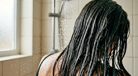 Cheveux fragilisés par l'eau calcaire lors du rinçage sous la douche