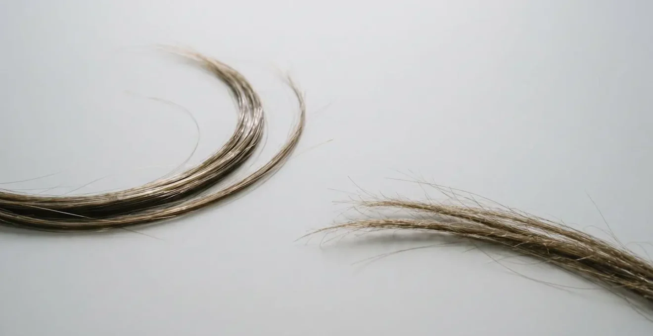 Mèches de cheveux montrant la différence de texture et de brillance entre un cheveu sain et un cheveu rendu terne.