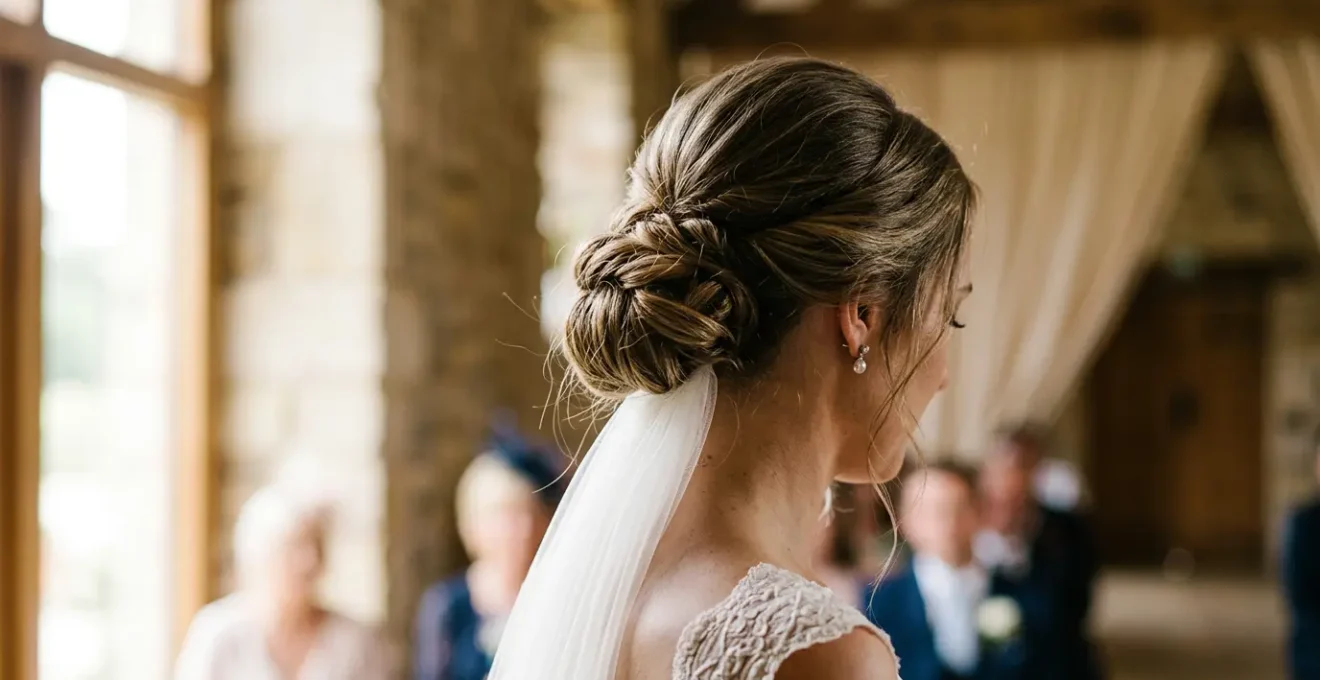 Chignon bas élégant pour mariage avec détail subtil et texture naturelle
