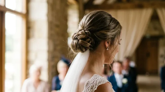 Chignon bas élégant pour mariage avec détail subtil et texture naturelle