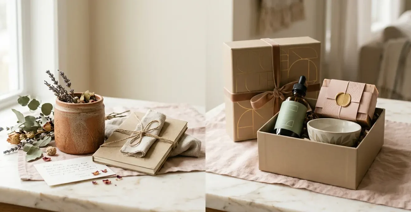 Composition créative de cadeaux artisanaux et coffrets personnalisés évoquant la valeur sentimentale