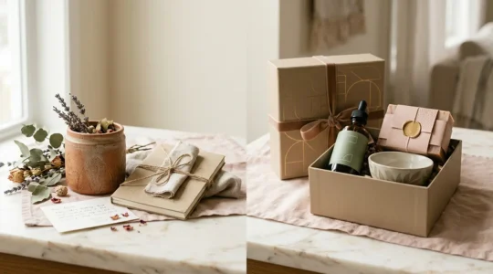 Composition créative de cadeaux artisanaux et coffrets personnalisés évoquant la valeur sentimentale