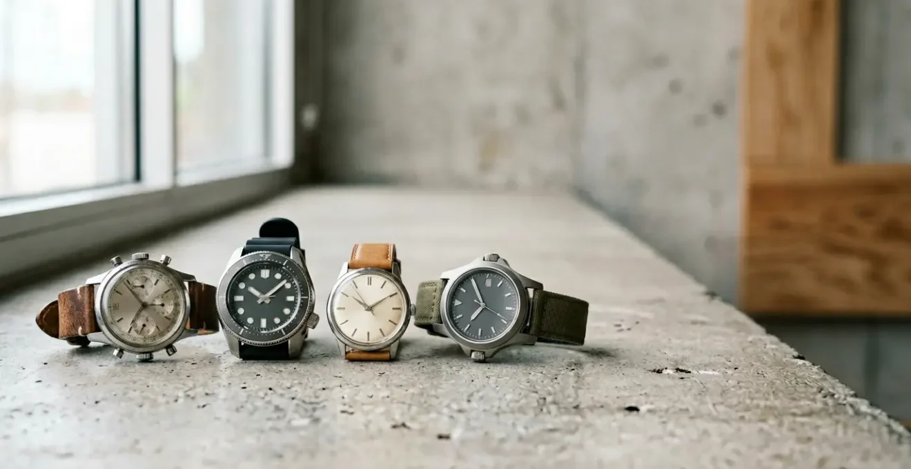 Collection de montres mécaniques vintage et modernes sur fond minimaliste avec espace négatif
