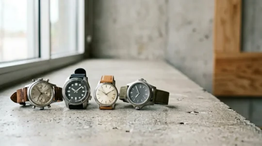 Collection de montres mécaniques vintage et modernes sur fond minimaliste avec espace négatif