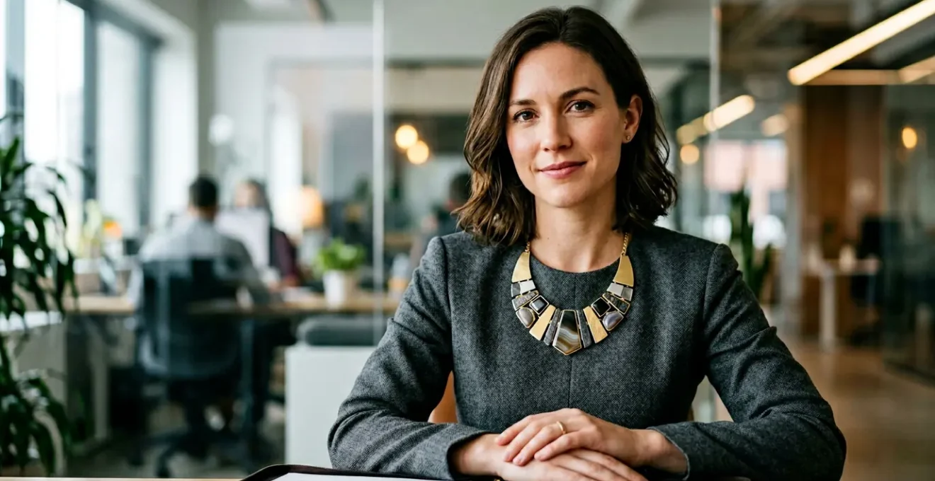Collier plastron imposant sur col rond dans contexte professionnel d'autorité