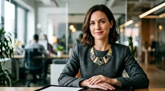 Collier plastron imposant sur col rond dans contexte professionnel d'autorité