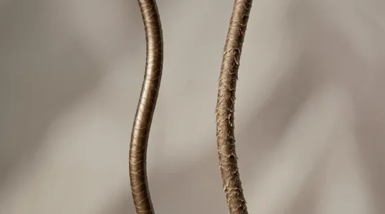 Composition esthétique minimaliste comparant deux mèches de cheveux naturels en lumière douce et contrôlée