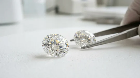 Comparaison visuelle entre diamant de laboratoire et diamant naturel sous loupe de gemmologue