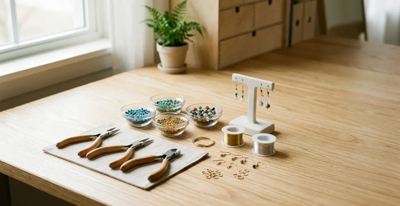 Plan de travail artisanal avec matériel de création de bijoux disposé sur fond clair