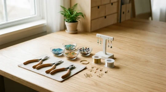 Plan de travail artisanal avec matériel de création de bijoux disposé sur fond clair