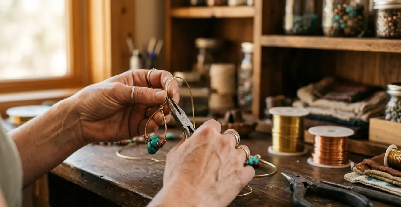 Artisan créateur de bijoux travaillant dans son atelier avec outils de fabrication