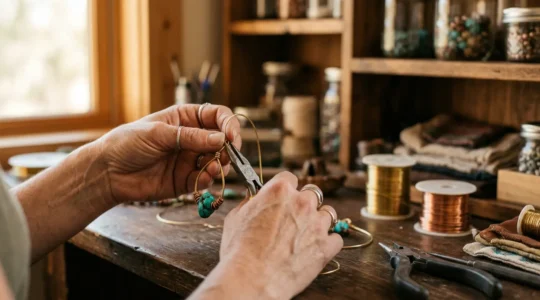 Artisan créateur de bijoux travaillant dans son atelier avec outils de fabrication