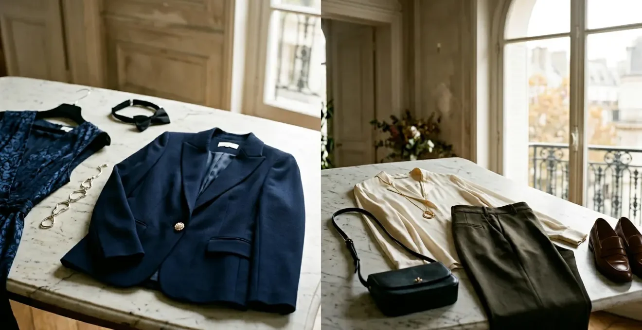 Élégantes tenues de cérémonie et accessoires de mariage disposés avec raffinement illustrant les codes vestimentaires français