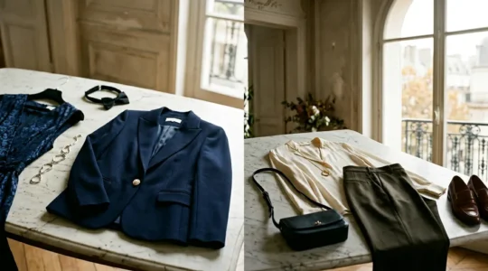 Élégantes tenues de cérémonie et accessoires de mariage disposés avec raffinement illustrant les codes vestimentaires français