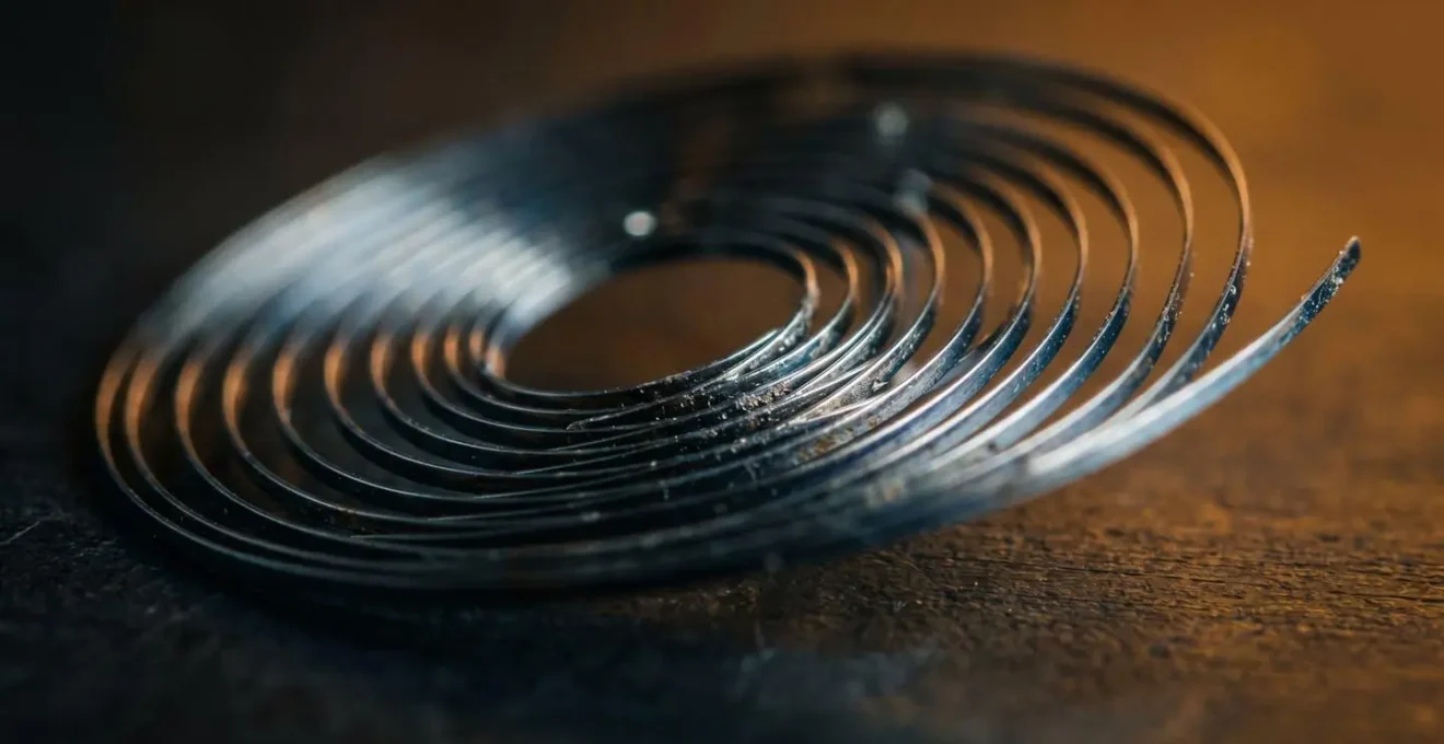 Vue macro d'un spiral de montre automatique magnétisé avec ses spires collées entre elles