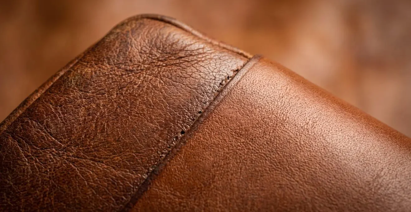Détail macro de la texture du cuir restauré montrant la qualité de la réparation professionnelle