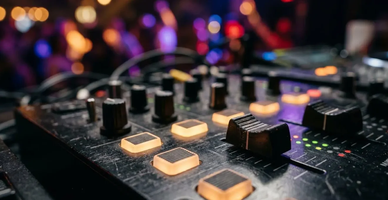 Console de mixage DJ avec éclairages d'ambiance pour une soirée d'anniversaire festive