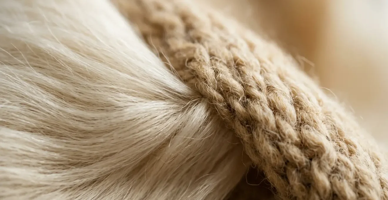 Gros plan sur une écharpe en laine luxueuse aux textures douces et chaleureuses, capturant l'essence du cachemire et de la laine mérinos