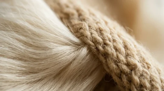 Gros plan sur une écharpe en laine luxueuse aux textures douces et chaleureuses, capturant l'essence du cachemire et de la laine mérinos