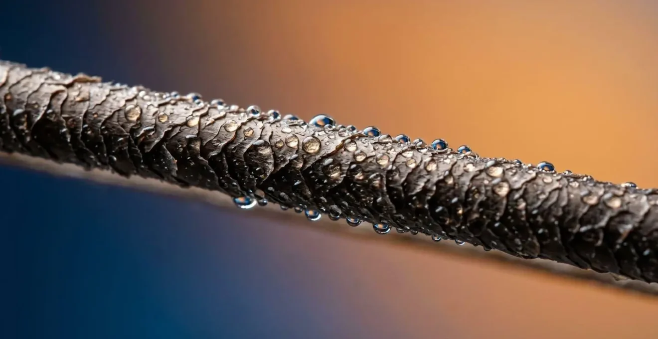 Représentation macro d'une fibre capillaire avec micro-gouttes d'eau et effet de vapeur