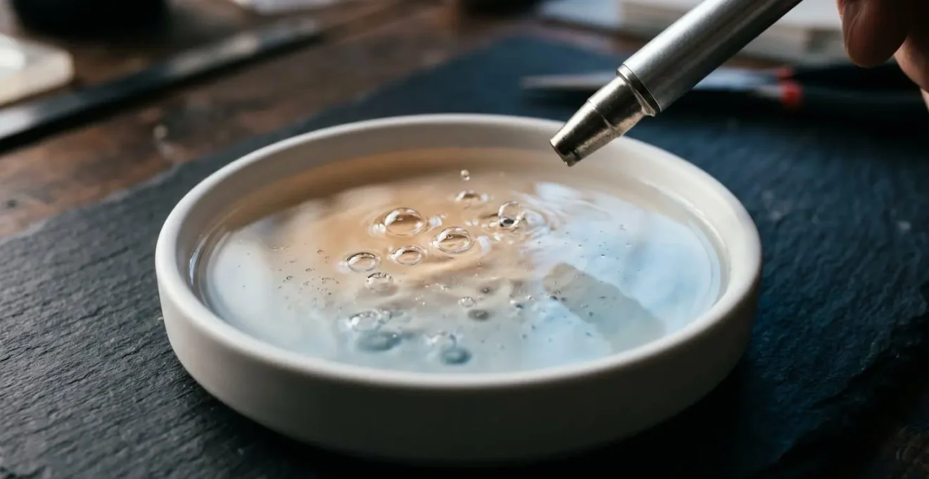 Vue rapprochée d'une surface de résine transparente avec des bulles remontant sous l'effet d'une chaleur douce