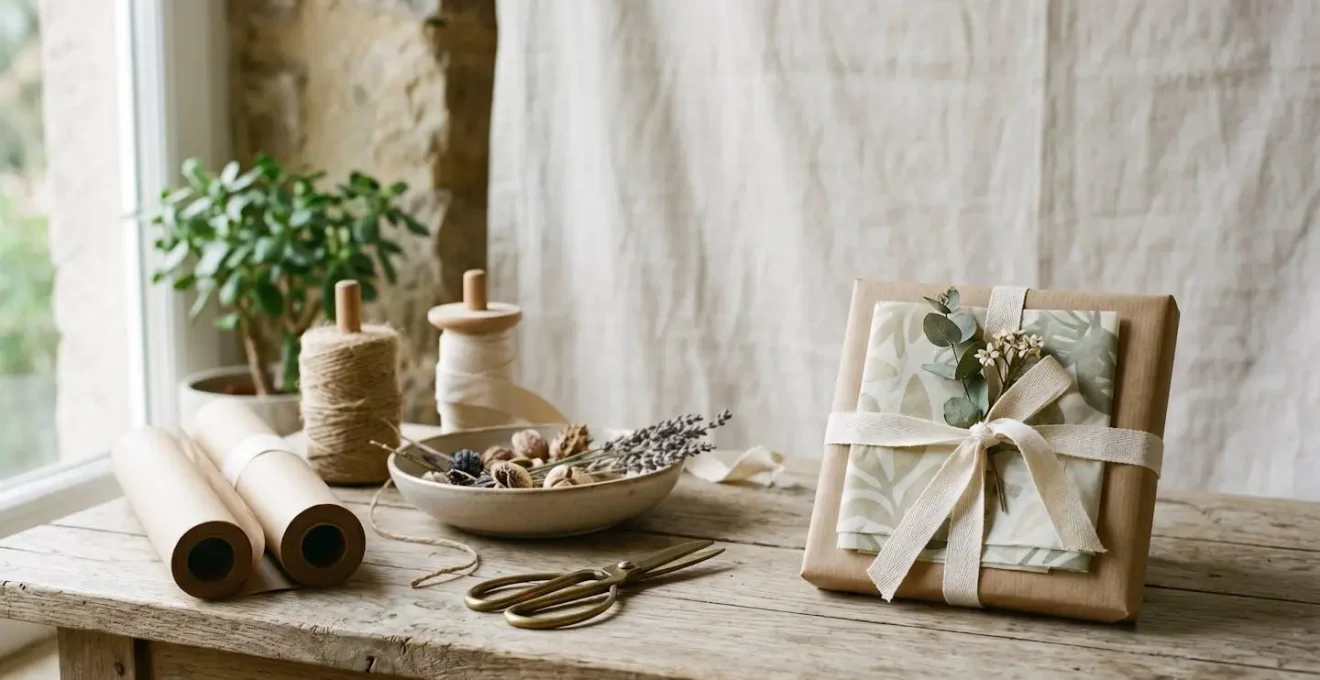 Emballage cadeau artisanal minimaliste pour bijoux avec papier recyclé et détails naturels