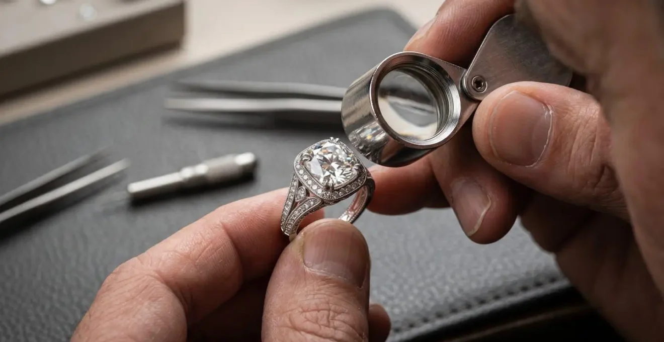 Expert gemmologue examinant des bijoux précieux avec outils professionnels pour estimation successorale
