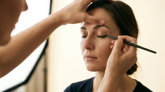 Application précise d'un trait d'eye-liner sur paupière tombante avec technique professionnelle