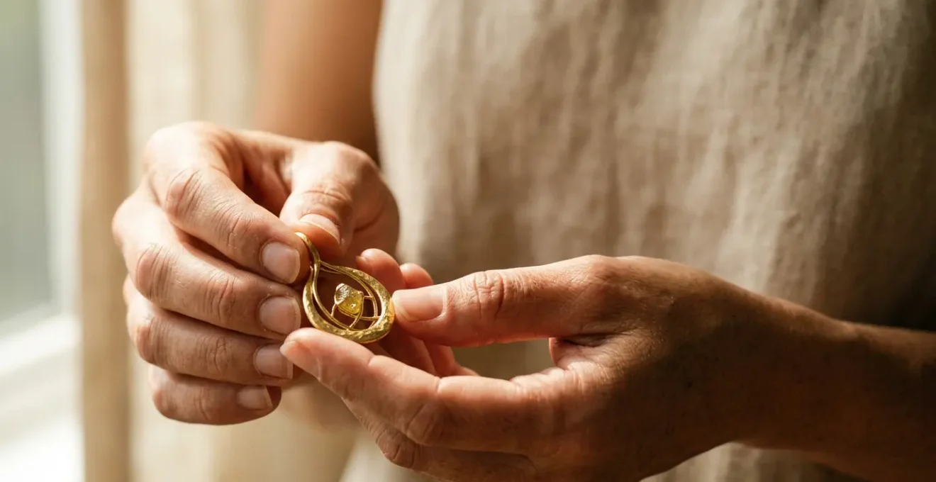 Composition symbolique représentant l'éthique de l'or : main protectrice tenant un bijou doré sous une lumière naturelle douce
