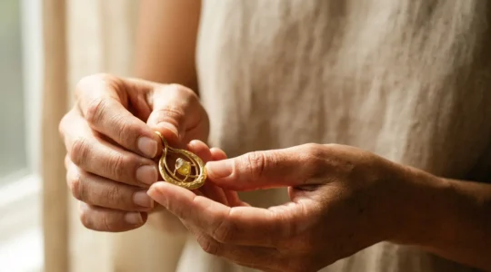 Composition symbolique représentant l'éthique de l'or : main protectrice tenant un bijou doré sous une lumière naturelle douce