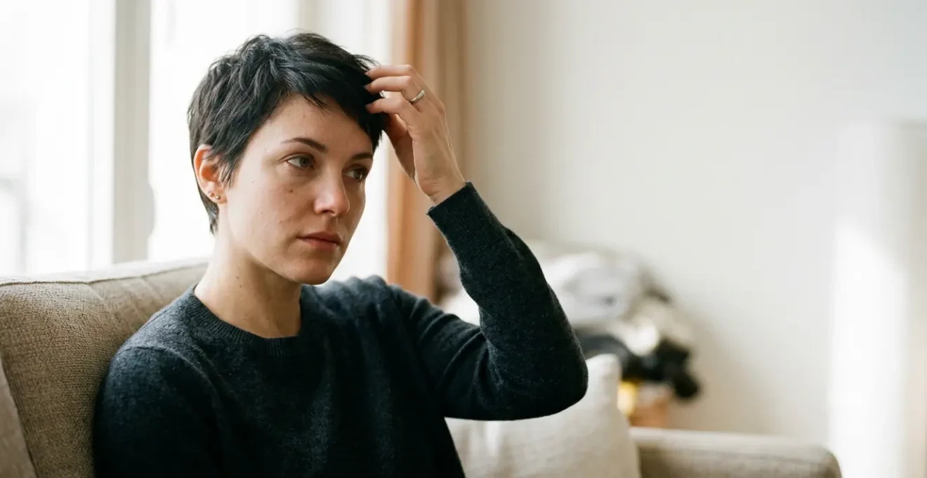 Femme pensive devant miroir après coupe de cheveux radicale symbolisant renouveau psychologique