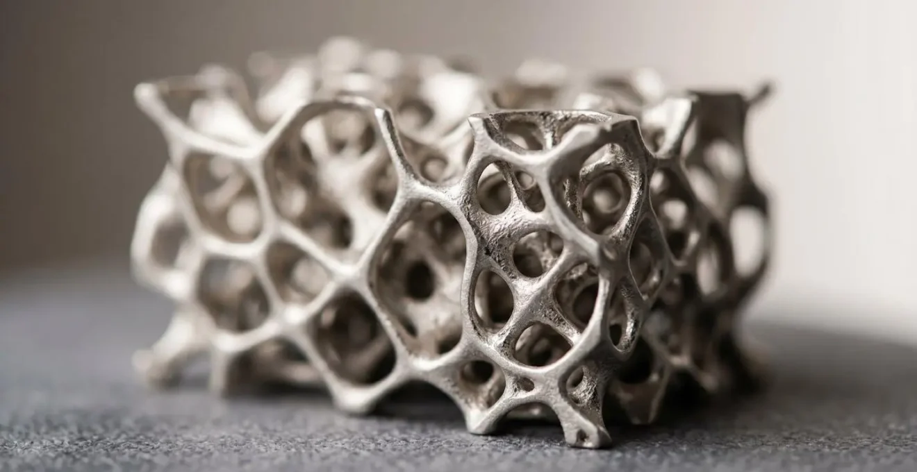 Macro détaillée d'une structure de bague organique aux formes entrelacées impossibles à sculpter manuellement